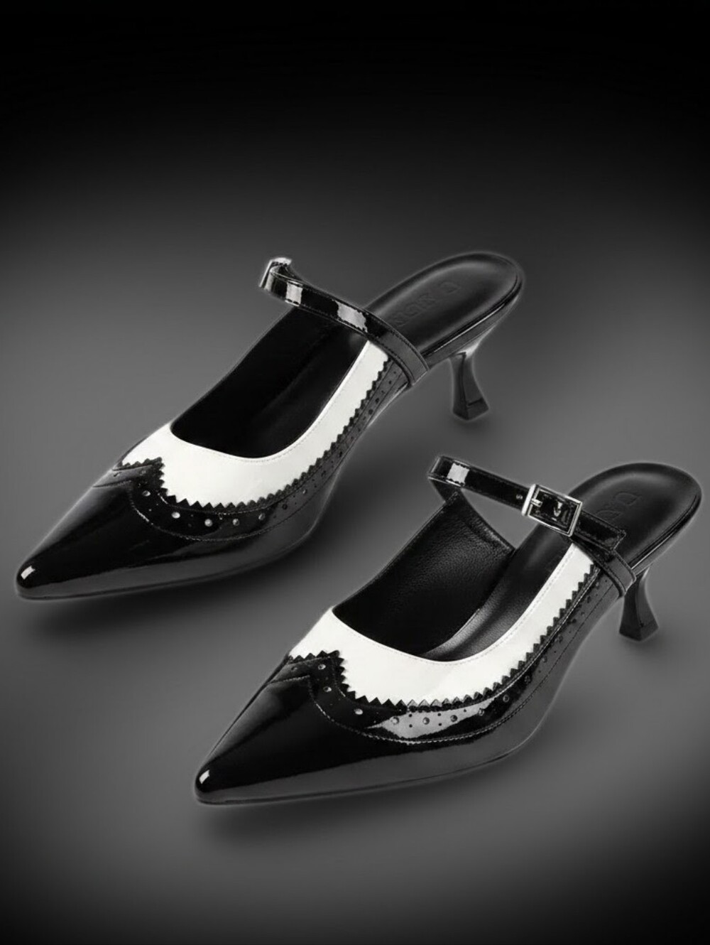 THE TUXEDO Black and White Mary Jane Kitten Heel Mules